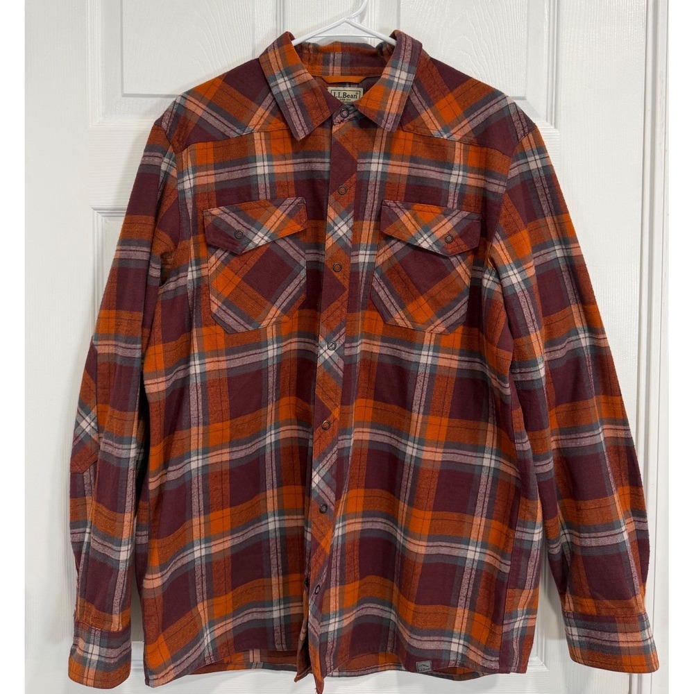 L.L.Bean Mens Large Plaid Western Flannel Shirt Snap Front Wool Blend Orange